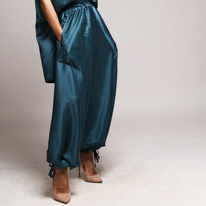 Truvian 212 Fancy Pants – Aquamarine Harem Pants in Light Botanical Silk